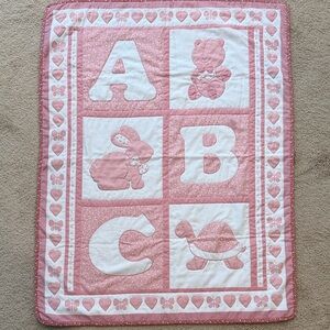 Vintage Quilted Pink and White ABC Baby Blanket